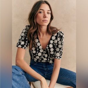 Sézane Embroidered Emma Blouse Black & White Floral V-Neck Puff Sleeve